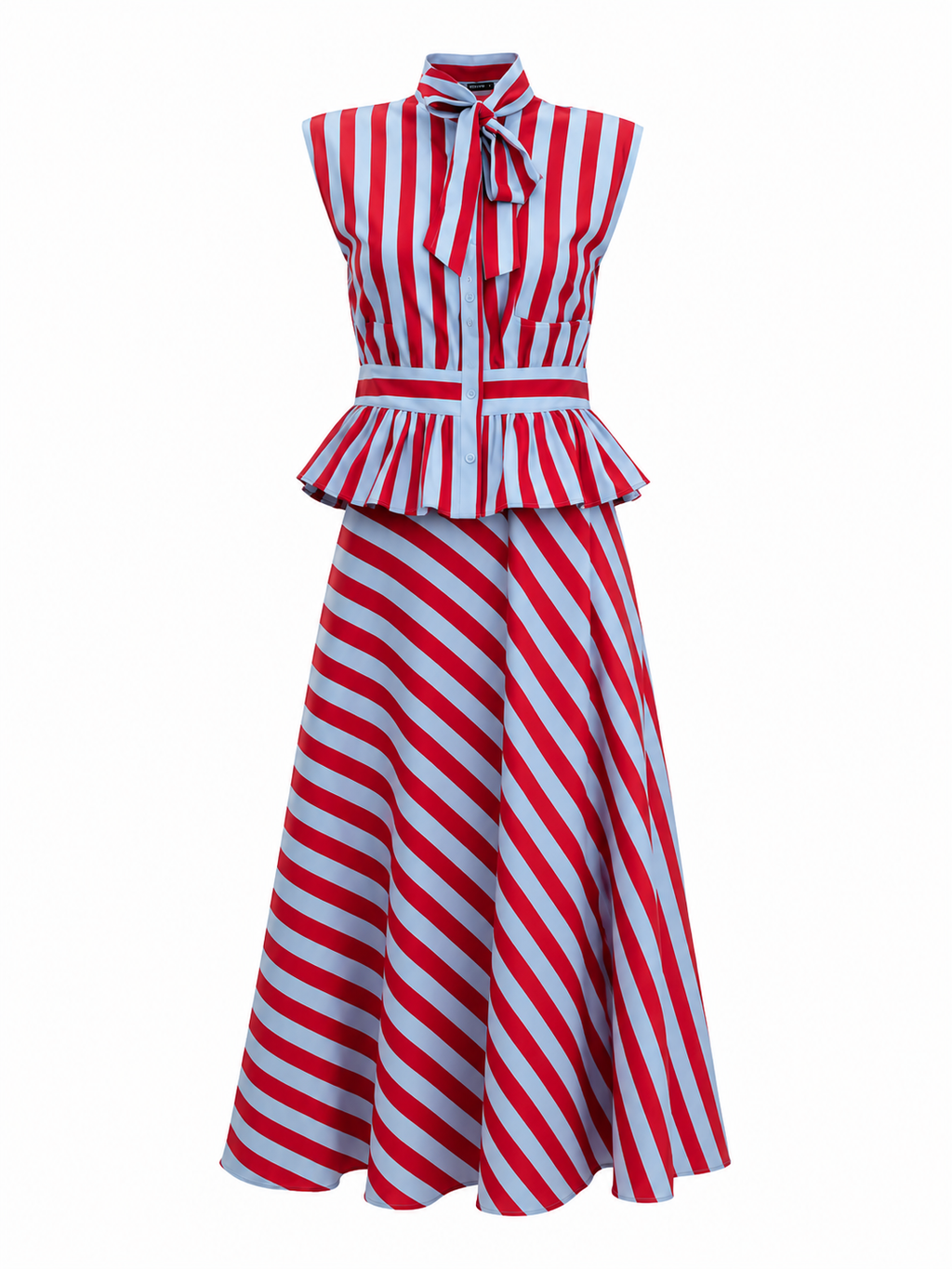Red & Powder Blue Striped Matching Co-Ord Outfit – Bow-Neck Peplum Top & Midi Skirt