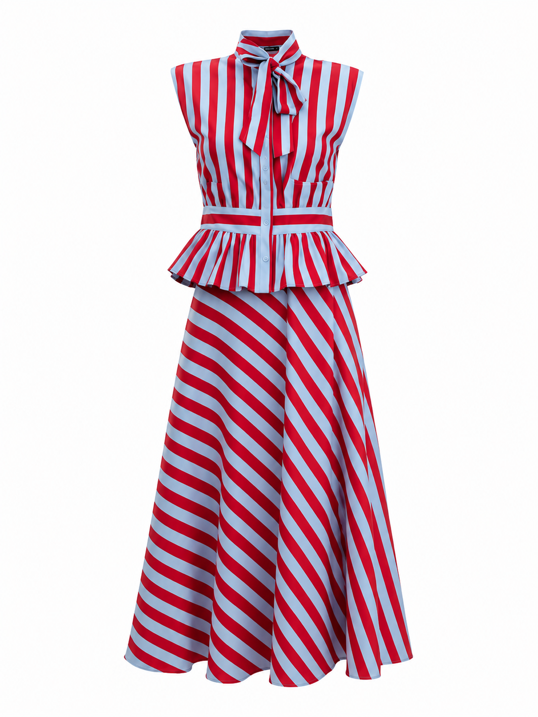Red & Powder Blue Striped Matching Co-Ord Outfit – Bow-Neck Peplum Top & Midi Skirt