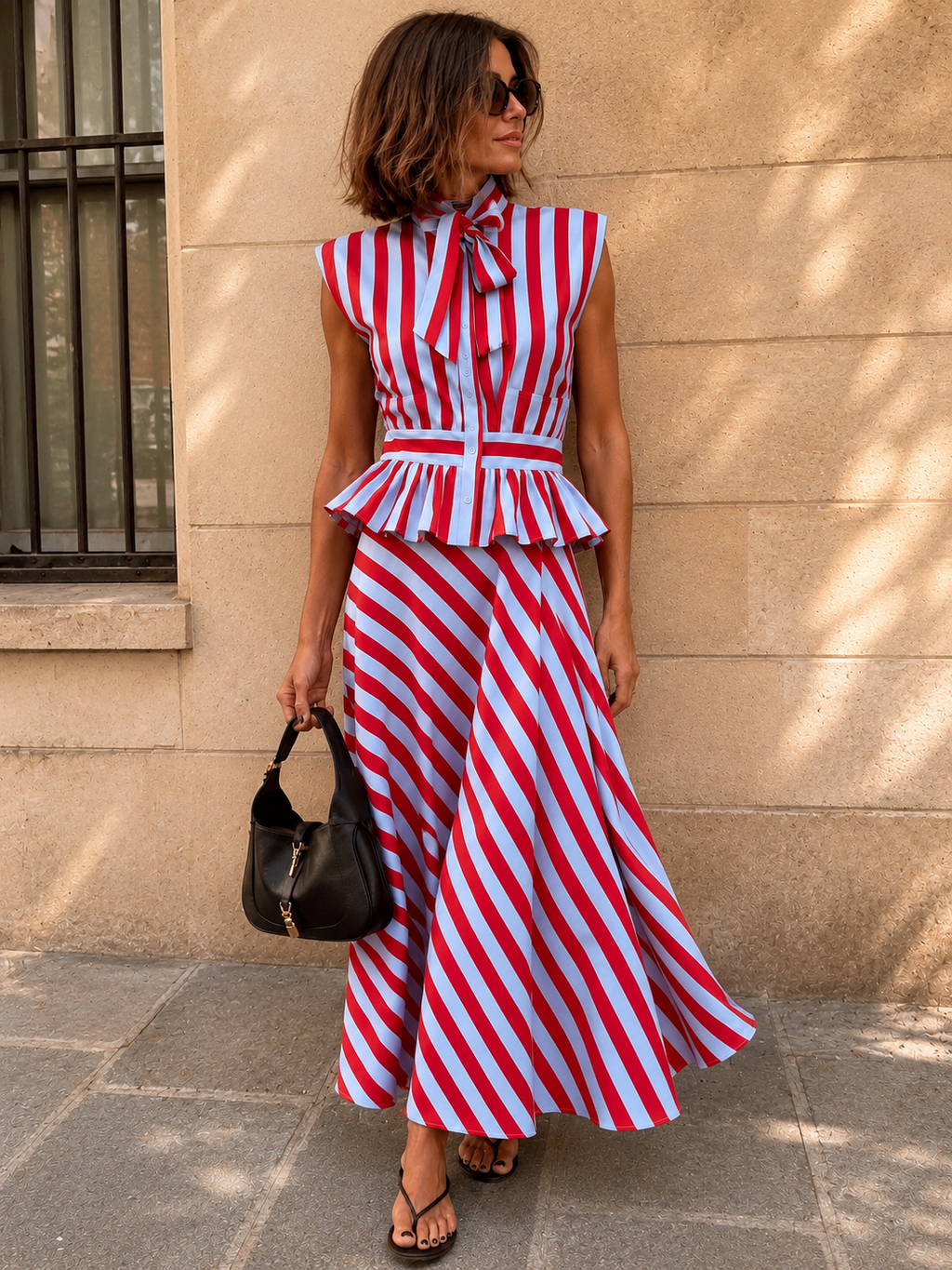 Red & Powder Blue Striped Matching Co-Ord Outfit – Bow-Neck Peplum Top & Midi Skirt