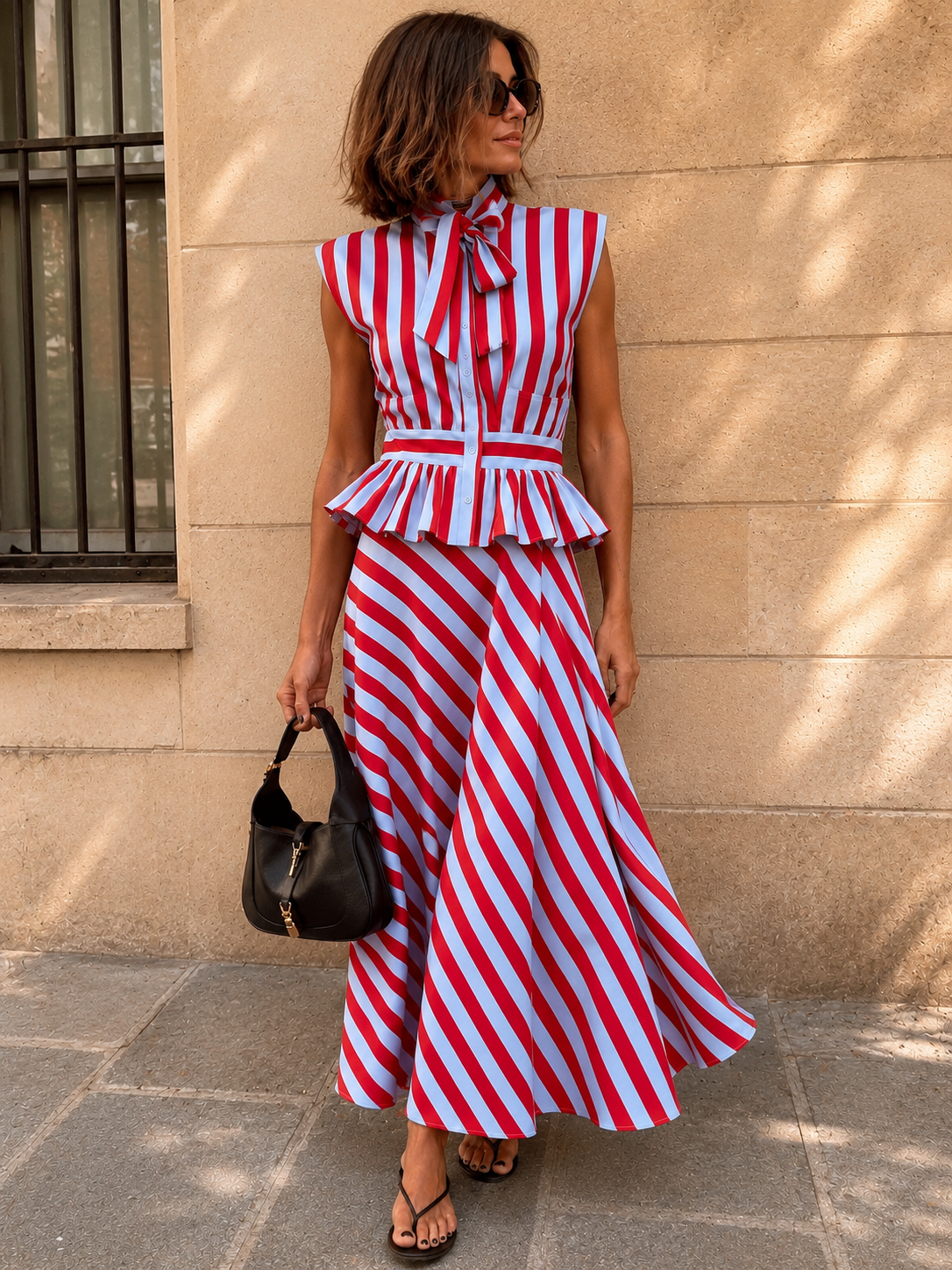 Red & Powder Blue Striped Matching Co-Ord Outfit – Bow-Neck Peplum Top & Midi Skirt
