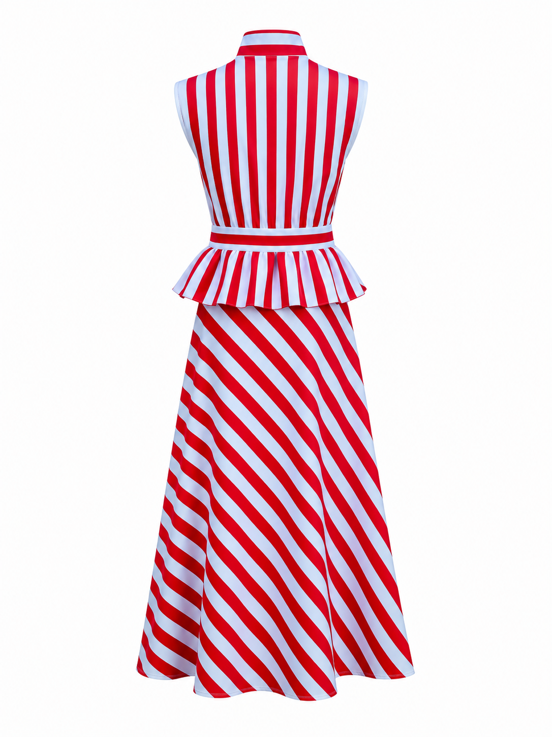 Red & Powder Blue Striped Matching Co-Ord Outfit – Bow-Neck Peplum Top & Midi Skirt