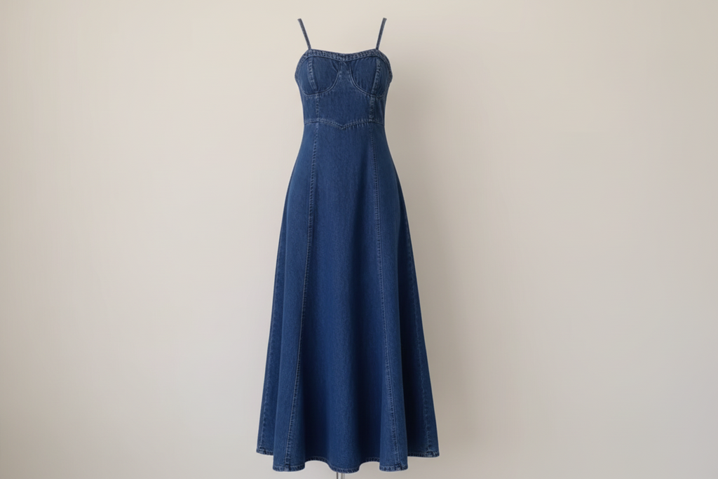 Denim Blue Wash Spaghetti Strap Corset Maxi Dress