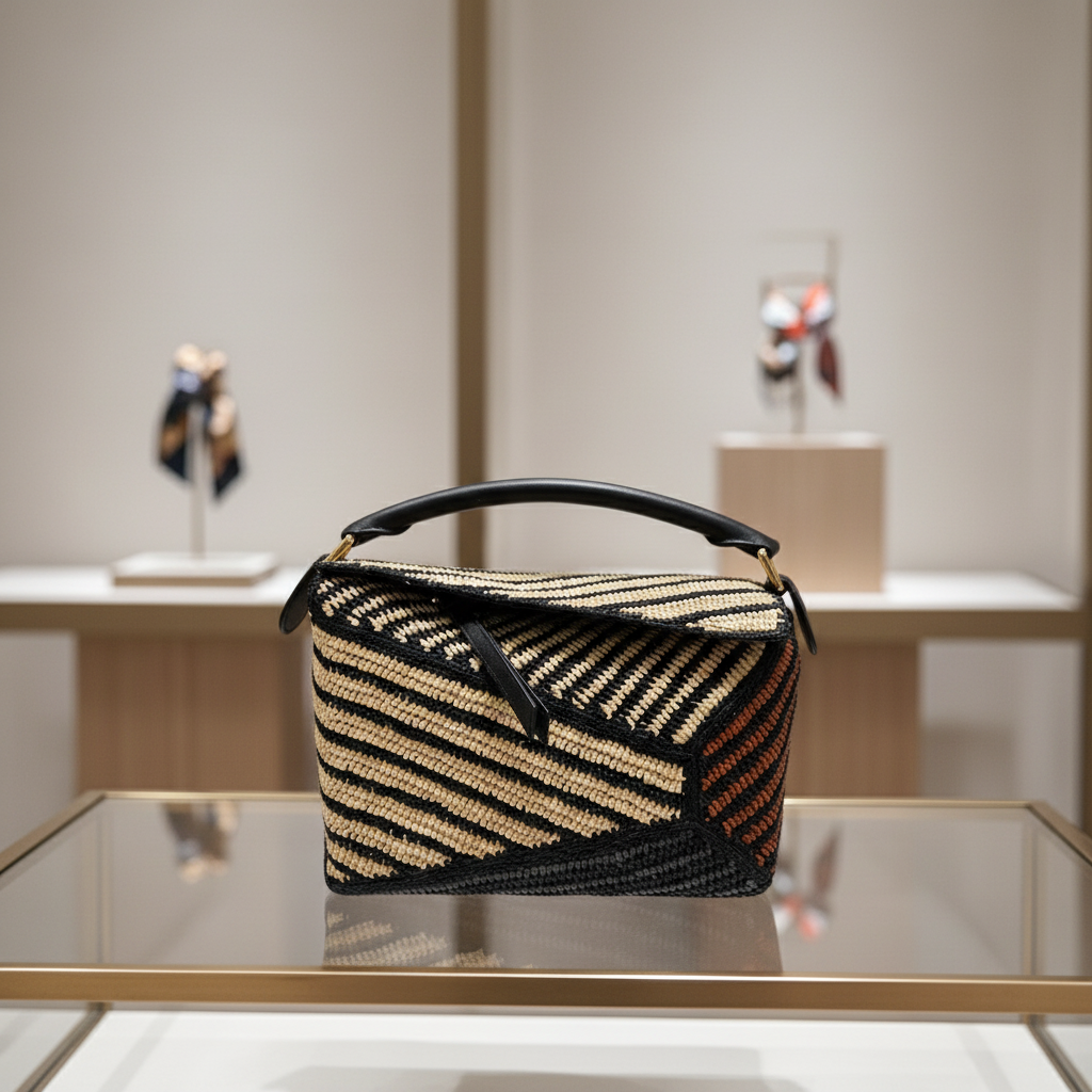 LOEWE                                                             Raffia Calfskin Puzzle Edge                            100% Authentic                                                     ✨ Previously Owned Excellent Condition ~16.15% off MSRP