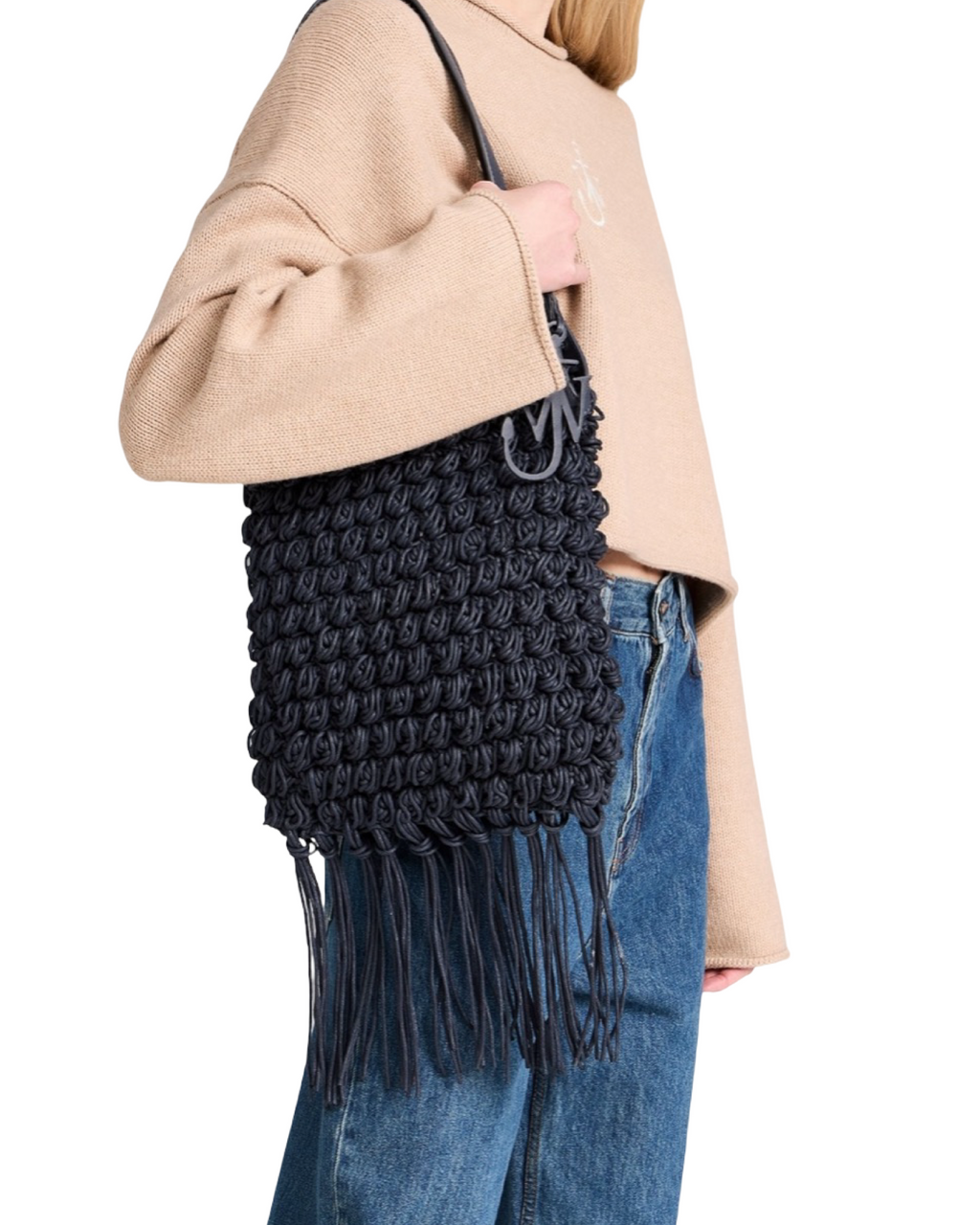 JW Anderson Fringe Popcorn Crochet Shopper Tote Bag – Navy -Authentic- Previously Owned