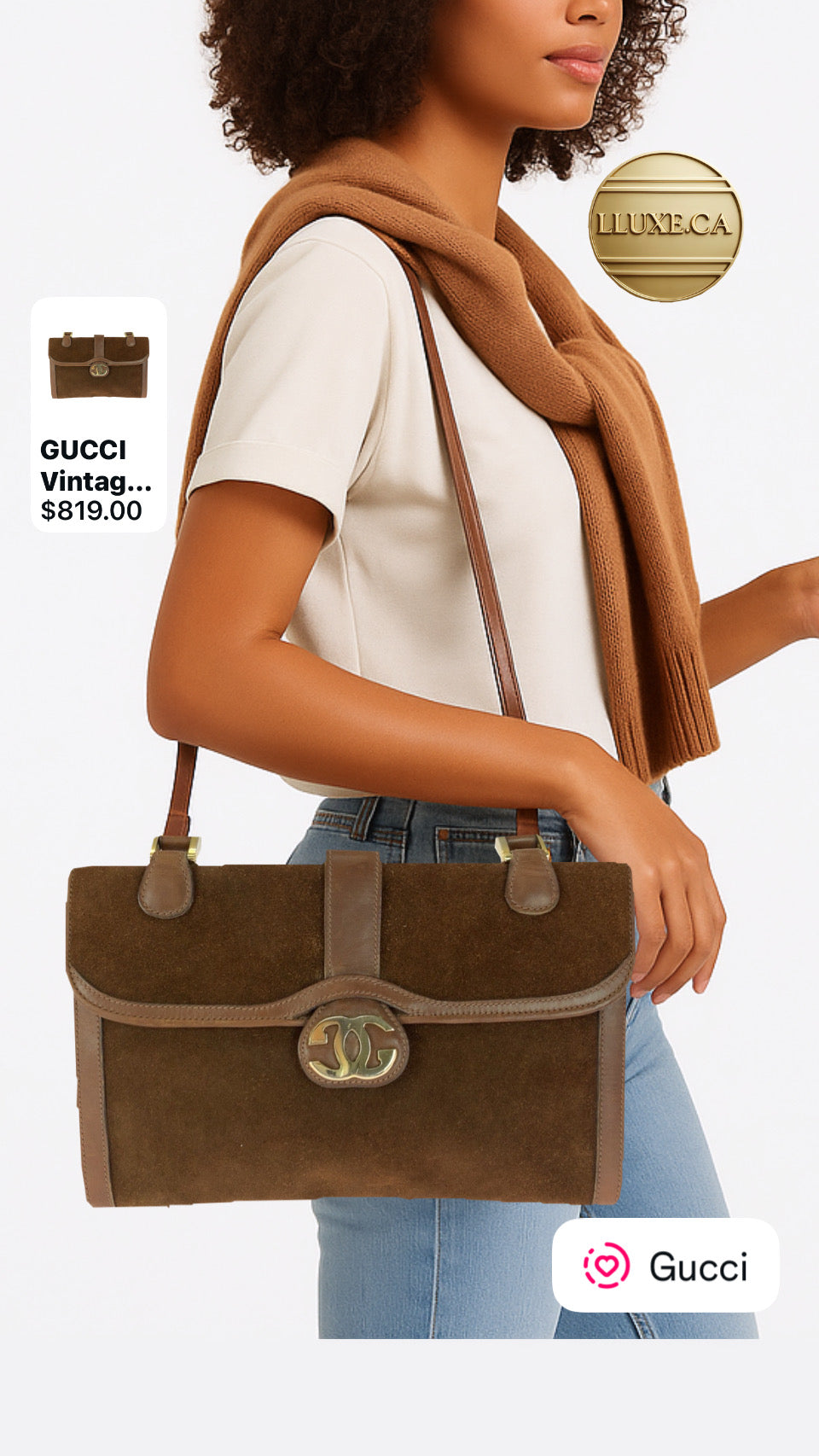 GUCCI              Vintage Pochette Brown Suede with Gold Metal Trim Old Gucci Line – 100% Authentic ✨Pre-Owned Very Good Condition ~31% Off MSRP