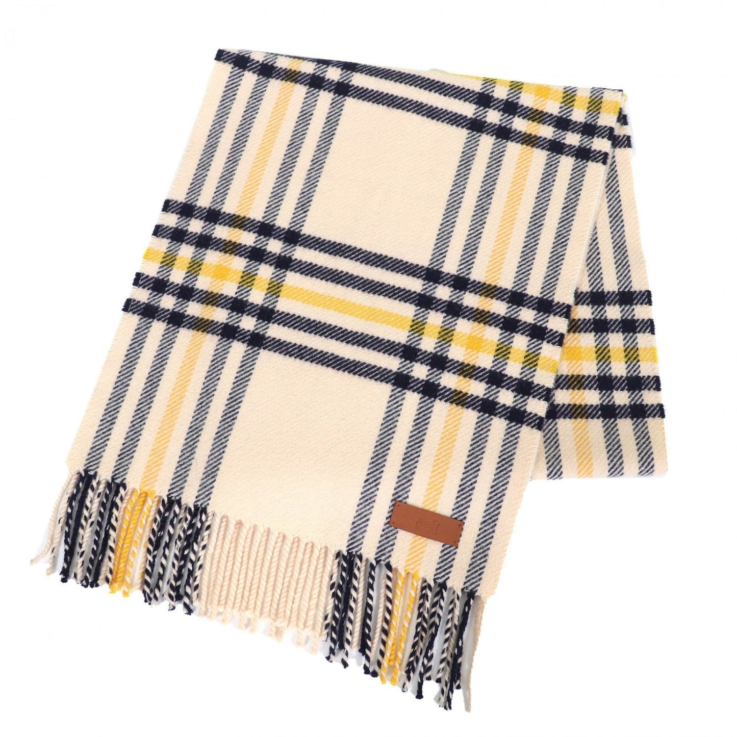 HERMÈS – Scarf – Cream, Navy & Yellow 100% Cashmere with Cowhide Trim – 100% Authentic ✨ Excellent Pre-Owned Condition ~28% Off MSRP