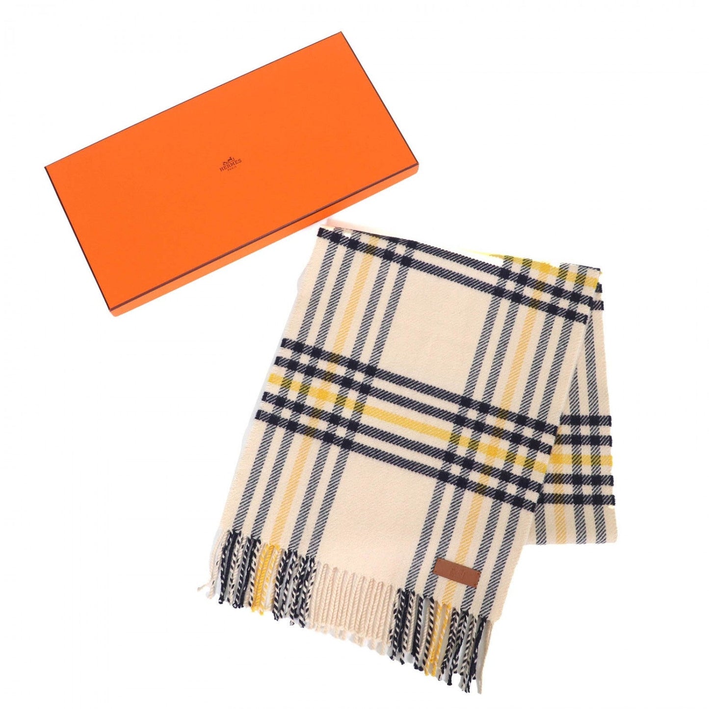 HERMÈS – Scarf – Cream, Navy & Yellow 100% Cashmere with Cowhide Trim – 100% Authentic ✨ Excellent Pre-Owned Condition ~28% Off MSRP