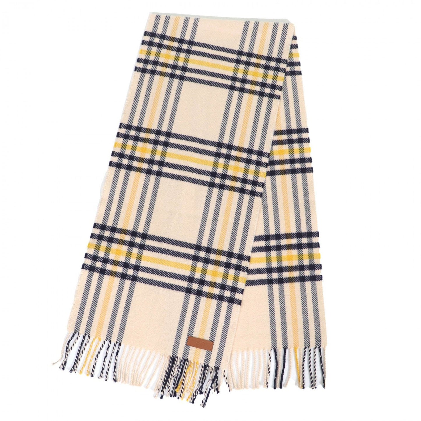 HERMÈS – Scarf – Cream, Navy & Yellow 100% Cashmere with Cowhide Trim – 100% Authentic ✨ Excellent Pre-Owned Condition ~28% Off MSRP