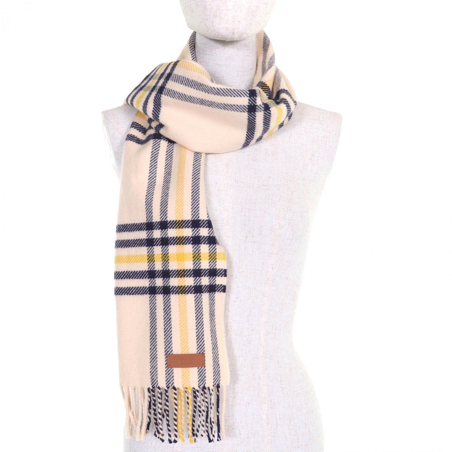 HERMÈS – Scarf – Cream, Navy & Yellow 100% Cashmere with Cowhide Trim – 100% Authentic ✨ Excellent Pre-Owned Condition ~28% Off MSRP