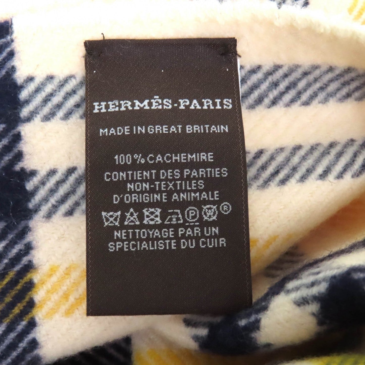 HERMÈS – Scarf – Cream, Navy & Yellow 100% Cashmere with Cowhide Trim – 100% Authentic ✨ Excellent Pre-Owned Condition ~28% Off MSRP