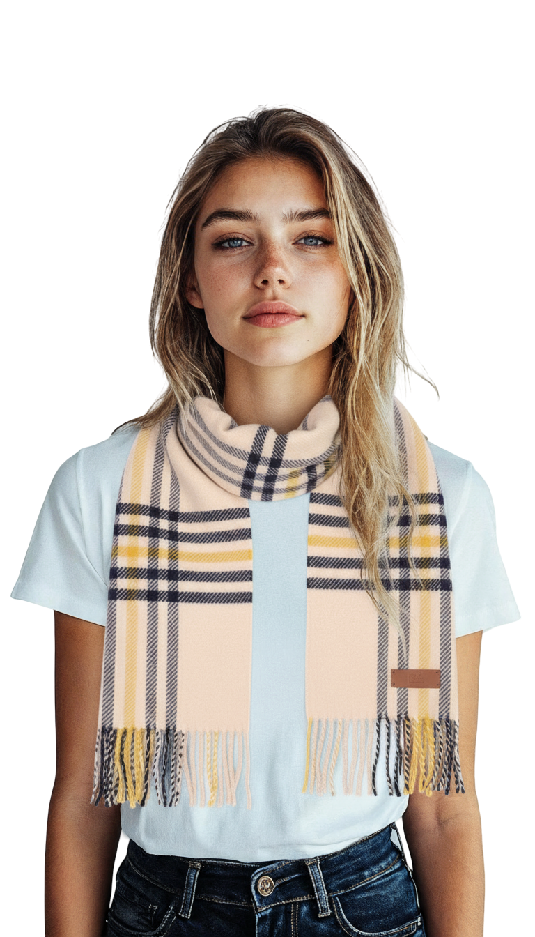 HERMÈS – Scarf – Cream, Navy & Yellow 100% Cashmere with Cowhide Trim – 100% Authentic ✨ Excellent Pre-Owned Condition ~28% Off MSRP