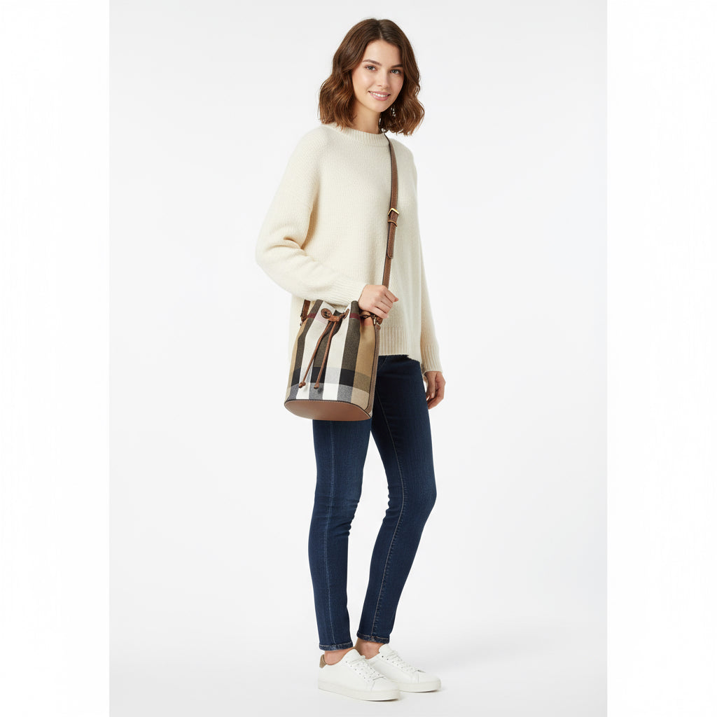 BURBERRY – Bucket Nova Check Diagonal Shoulder Bag – Brown Canvas Gold-Tone Hardware –