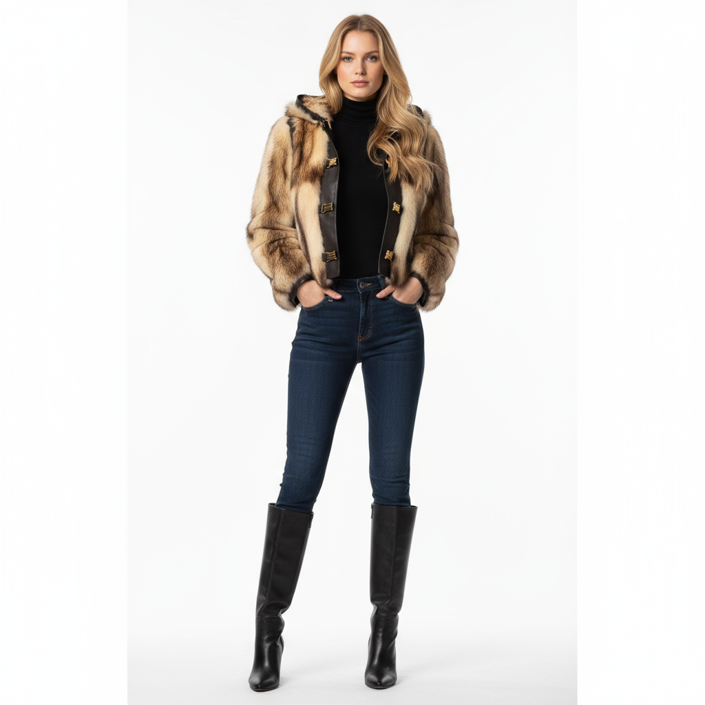 Dolce & Gabbana hooded jacket of brown leather and polecat fur, with goldtone logo buckle closures Size 38 – 100% Authentic ✨Pre-Owned A Condition ~28% Off MSRP