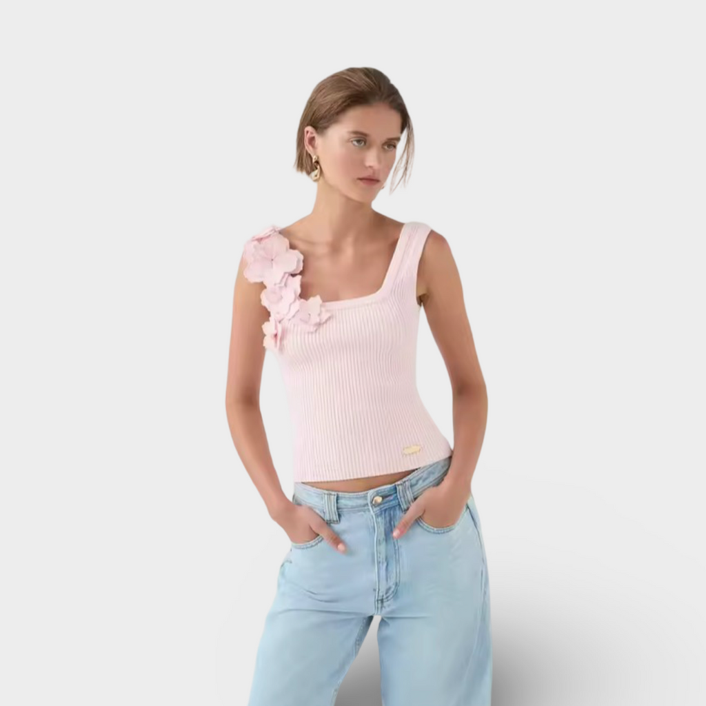 Ribbed Floral Appliqué Knit Tank
