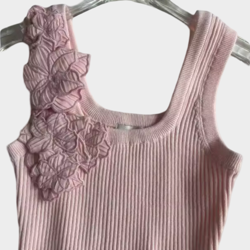 Ribbed Floral Appliqué Knit Tank