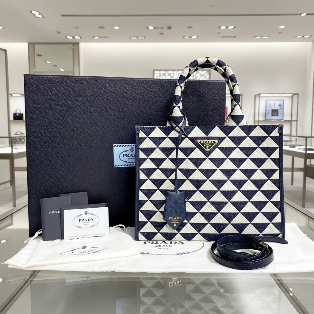 PRADA – Symbol Embroidery Fabric Small Handbag – Navy Canvas &amp; Leather – Triangle Logo Hardware – Italy – 100% Authentic ✨Previously Owned Pristine Condition ~26% Off MSRP
