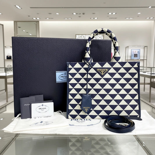 PRADA – Symbol Embroidery Fabric Small Handbag – Navy Canvas &amp; Leather – Triangle Logo Hardware – Italy – 100% Authentic ✨Previously Owned Pristine Condition ~26% Off MSRP