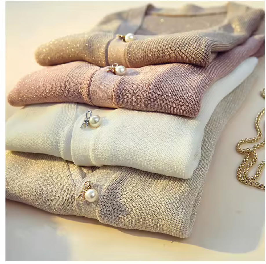 Silky Pearl Button Short Cardigan – Lightweight V-Neck Knit