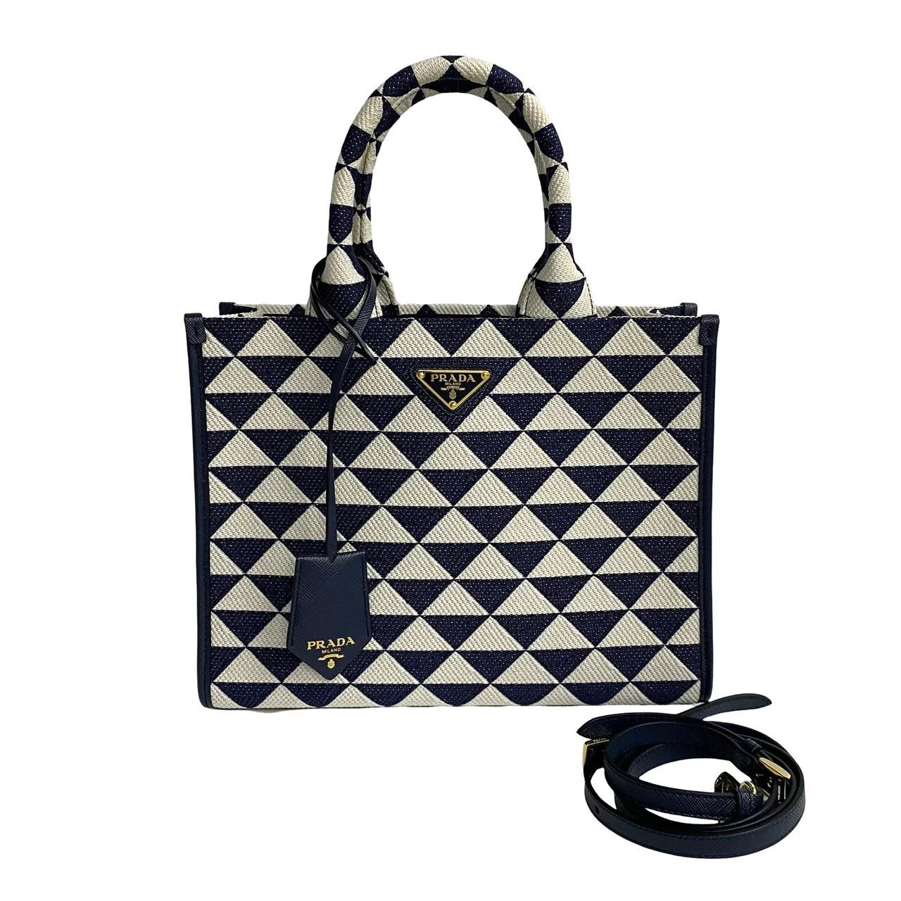 PRADA – Symbol Embroidery Fabric Small Handbag – Navy Canvas &amp; Leather – Triangle Logo Hardware – Italy – 100% Authentic ✨Previously Owned Pristine Condition ~26% Off MSRP