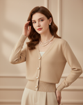 Woman’s Silky Pearl Button Short Cardigan – Lightweight V-Neck Knit