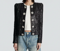 Black Sequin Crystal Button Jacket – Elegant Round Neck Statement Coat