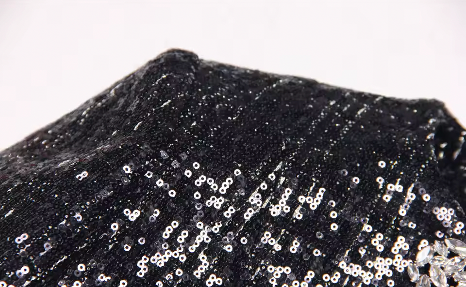 Black Sequin Crystal Button Jacket – Elegant Round Neck Statement Coat