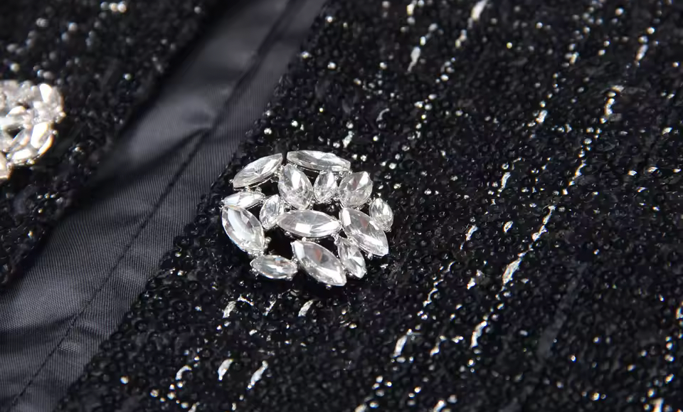 Black Sequin Crystal Button Jacket – Elegant Round Neck Statement Coat
