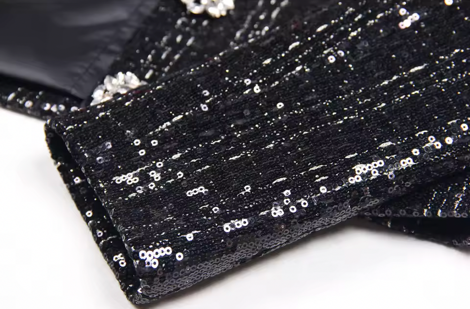 Black Sequin Crystal Button Jacket – Elegant Round Neck Statement Coat