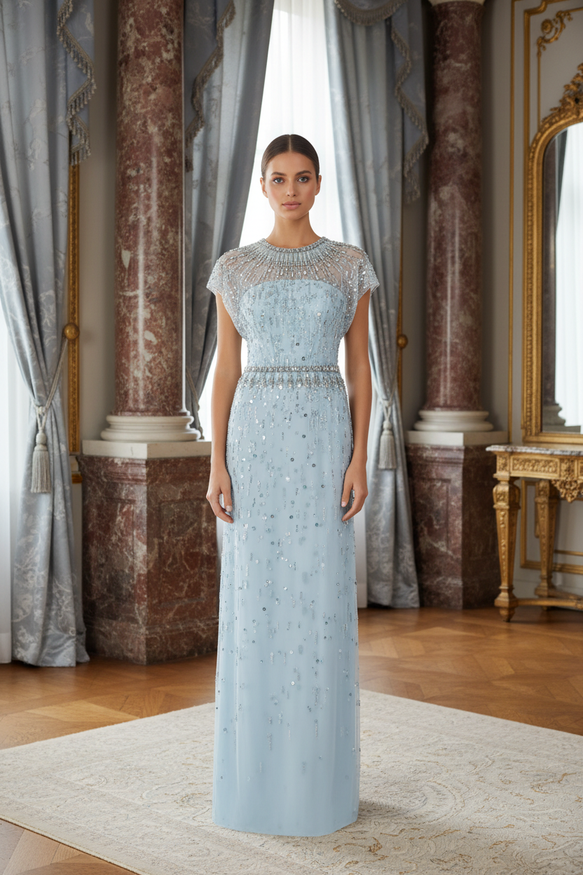 Crystal Beaded Floor-Length Evening Gown