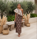 Bohemian Brown & Cream Print One-Shoulder Dress