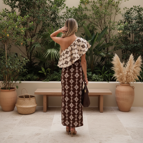 Bohemian Brown & Cream Print One-Shoulder Dress