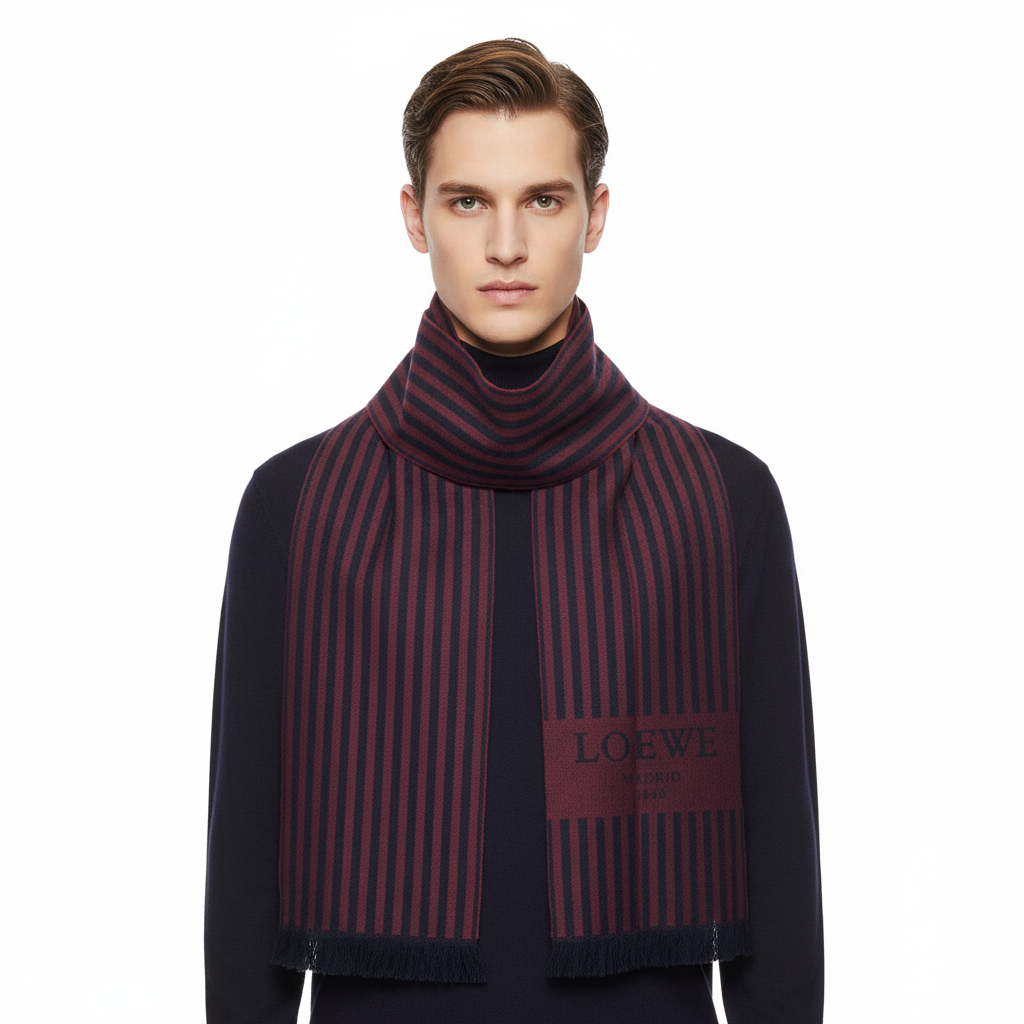 LOEWE – Wool Stall / Scarf – Wine Red × Black Stripe – 100% Authentic Previously Owned Excellent Condition ~41% Off MSRP