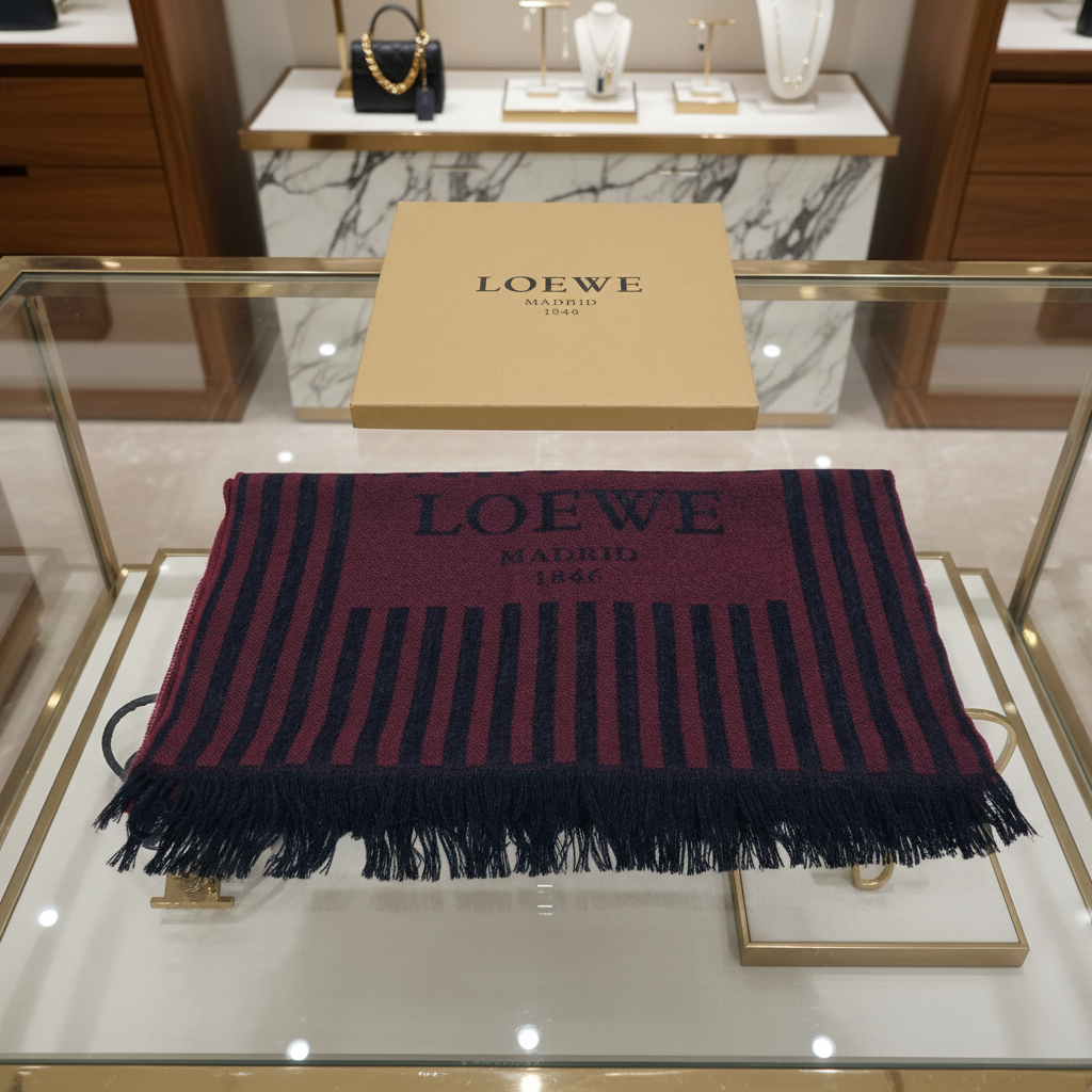 LOEWE – Wool Stall / Scarf – Wine Red × Black Stripe – 100% Authentic Previously Owned Excellent Condition ~41% Off MSRP