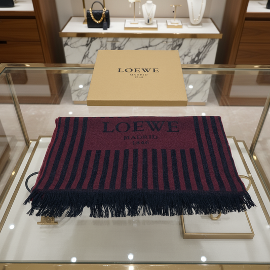 LOEWE – Wool Stall / Scarf – Wine Red × Black Stripe – 100% Authentic Previously Owned Excellent Condition ~41% Off MSRP
