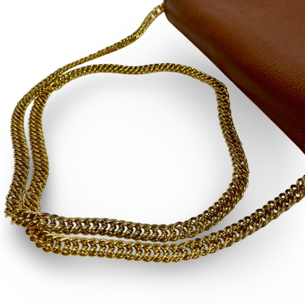 Longchamp Chain Pouch Brown Leather Gold Hardware Shoulder Crossbody Bag Previously Owned Authentic