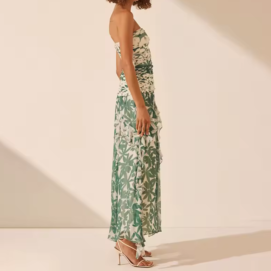 Strapless Botanical Print Ruched Maxi Dress Green