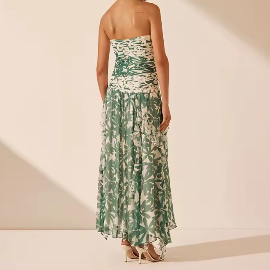 Strapless Botanical Print Ruched Maxi Dress Green