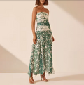 Strapless Botanical Print Ruched Maxi Dress Green