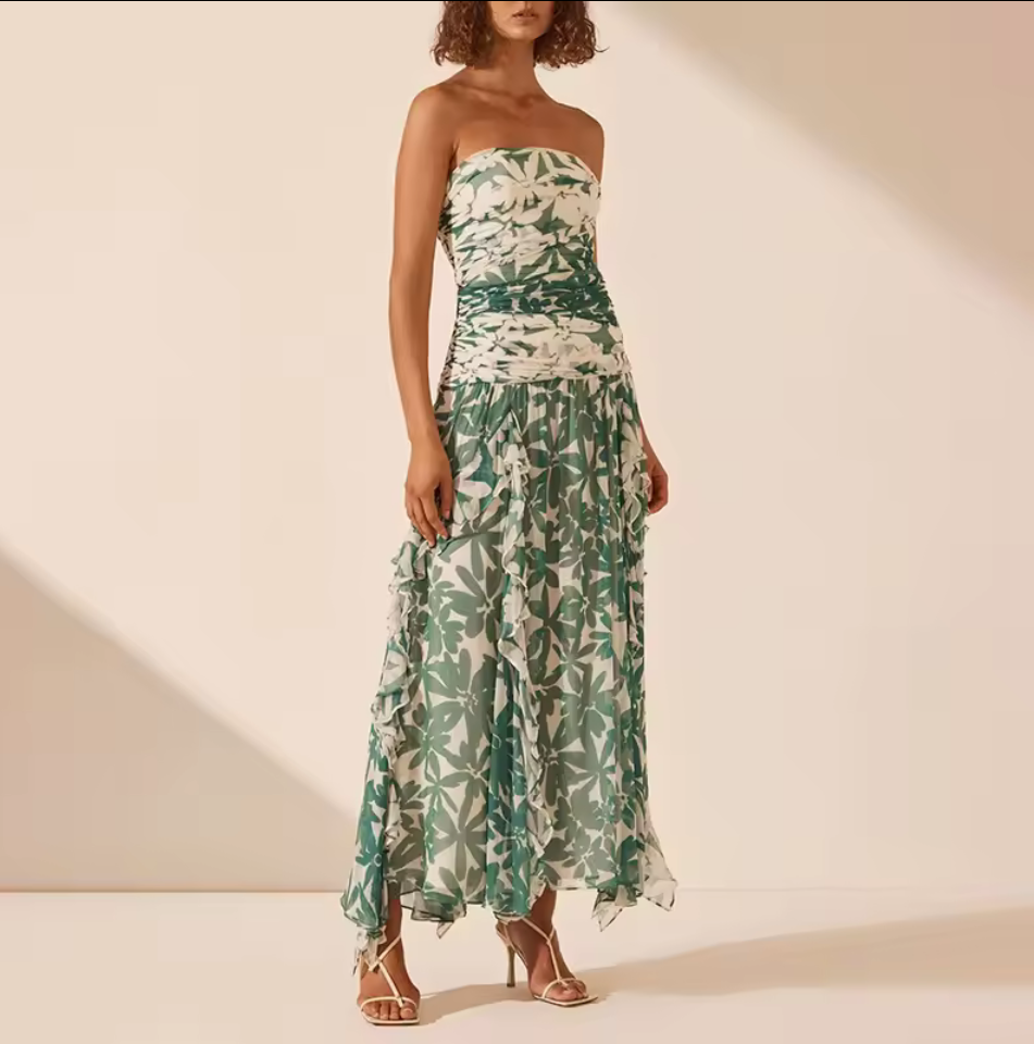 Strapless Botanical Print Ruched Maxi Dress Green