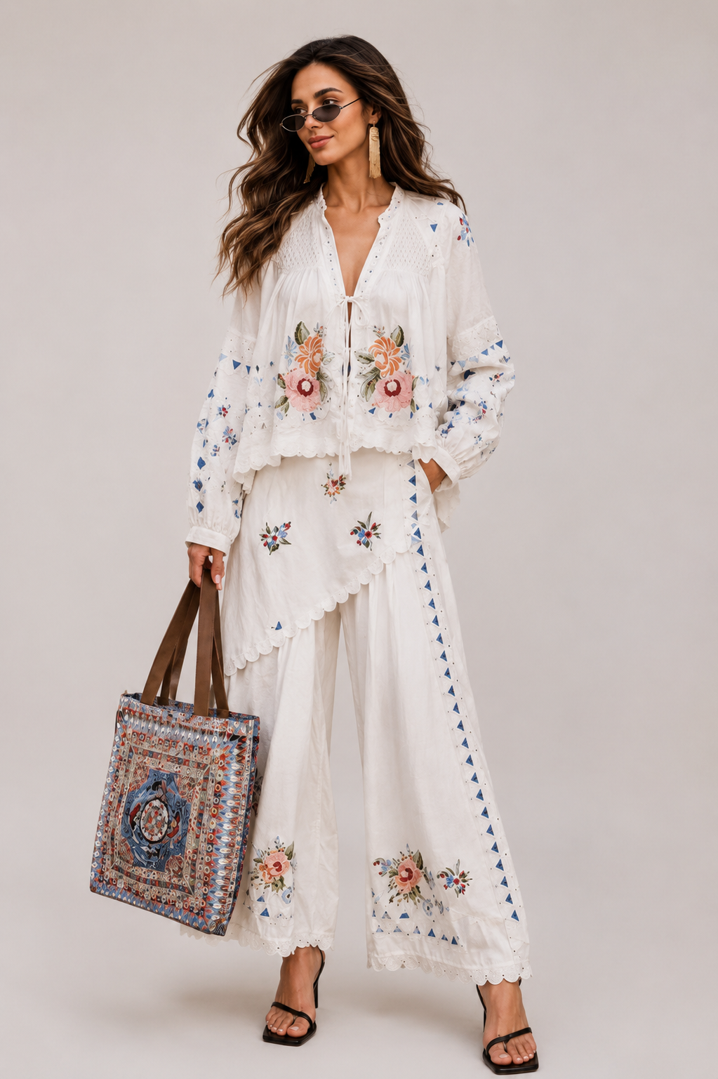 Floral Embroidered White Blouse & Skirt-Pant Set