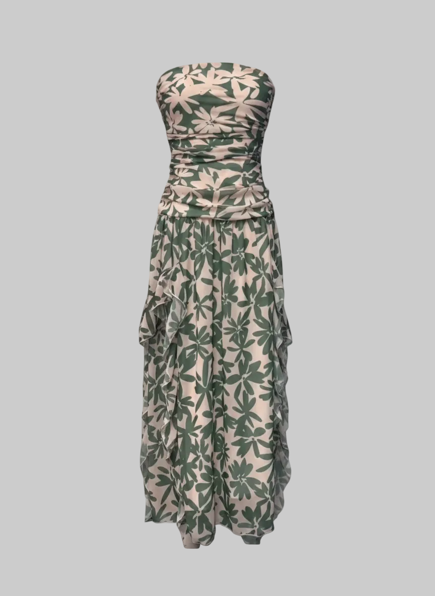 Strapless Botanical Print Ruched Maxi Dress Green