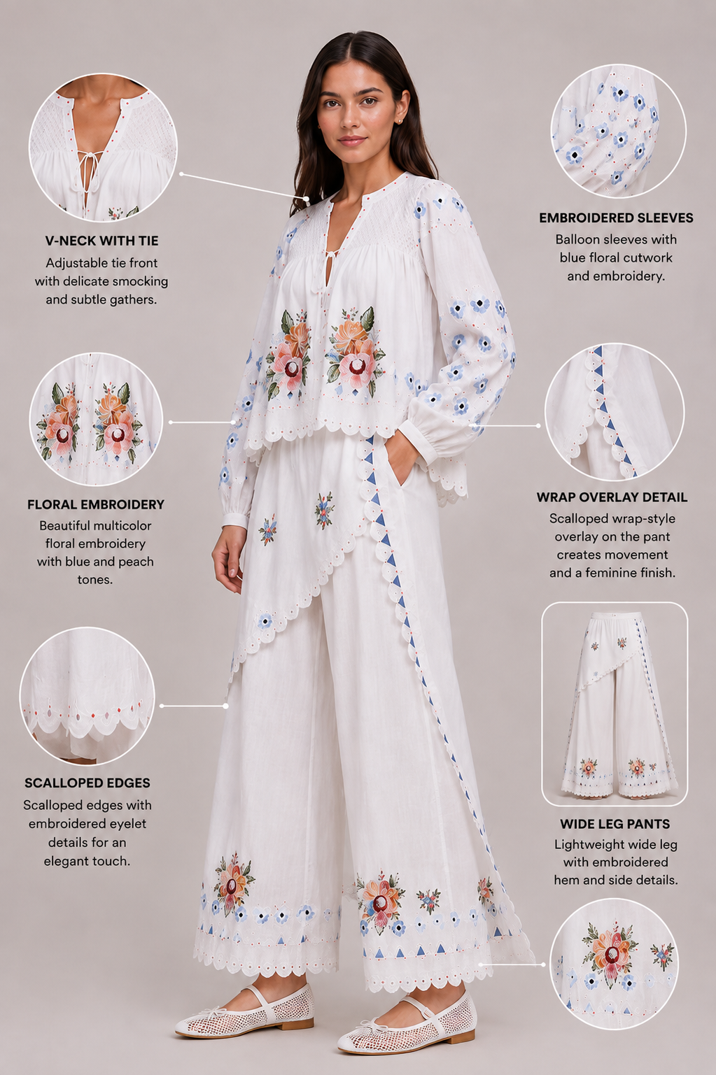 Floral Embroidered White Blouse & Skirt-Pant Set