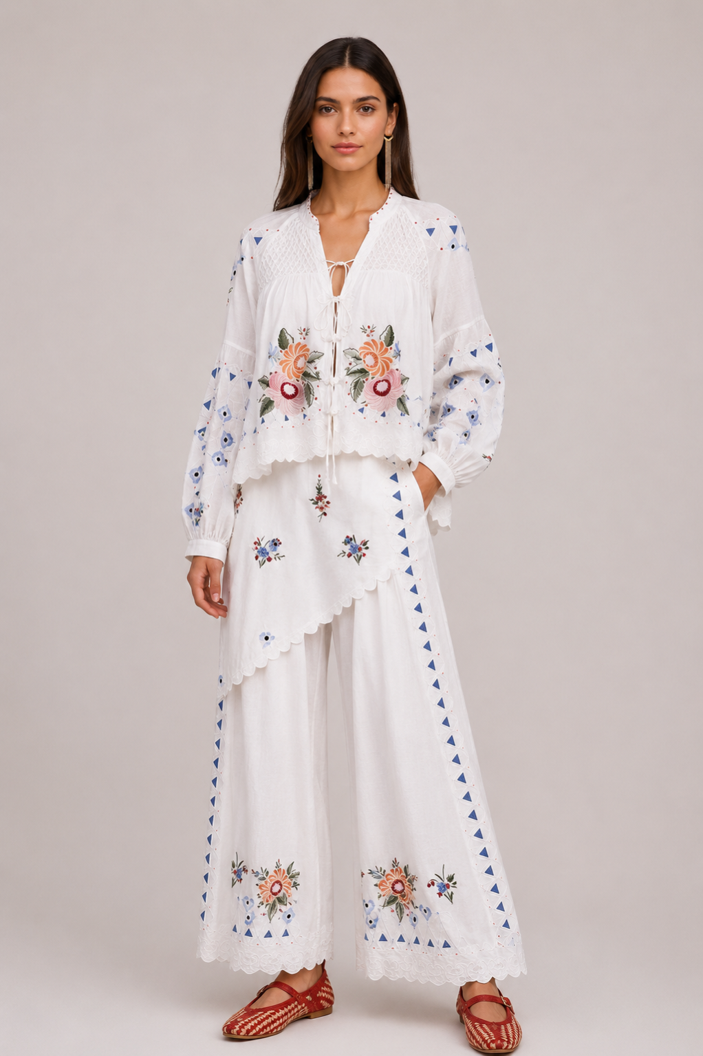 Floral Embroidered White Blouse & Skirt-Pant Set