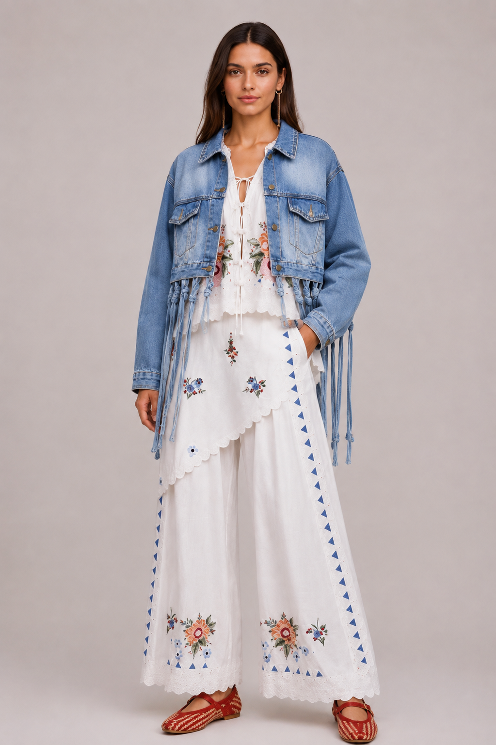 Floral Embroidered White Blouse & Skirt-Pant Set