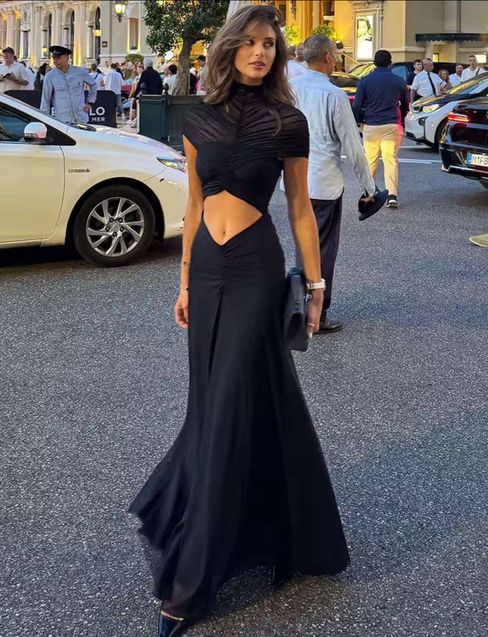 Black Ruched Neck Cutout Evening Maxi Dress