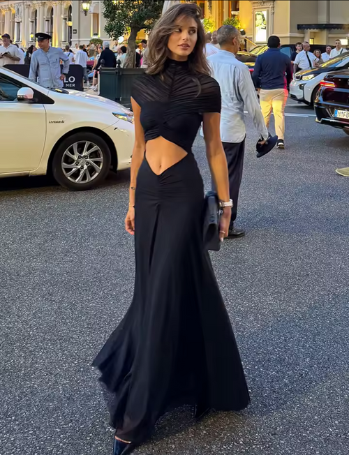 Black Ruched Neck Cutout Evening Maxi Dress