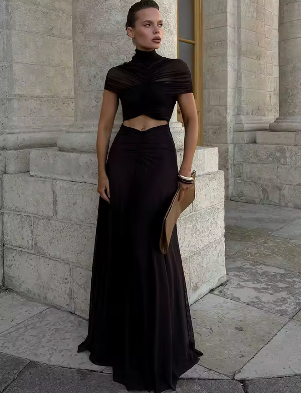 Black Ruched Neck Cutout Evening Maxi Dress