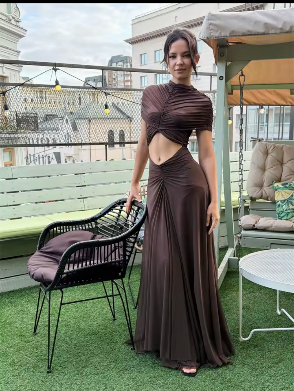 Black Ruched Neck Cutout Evening Maxi Dress
