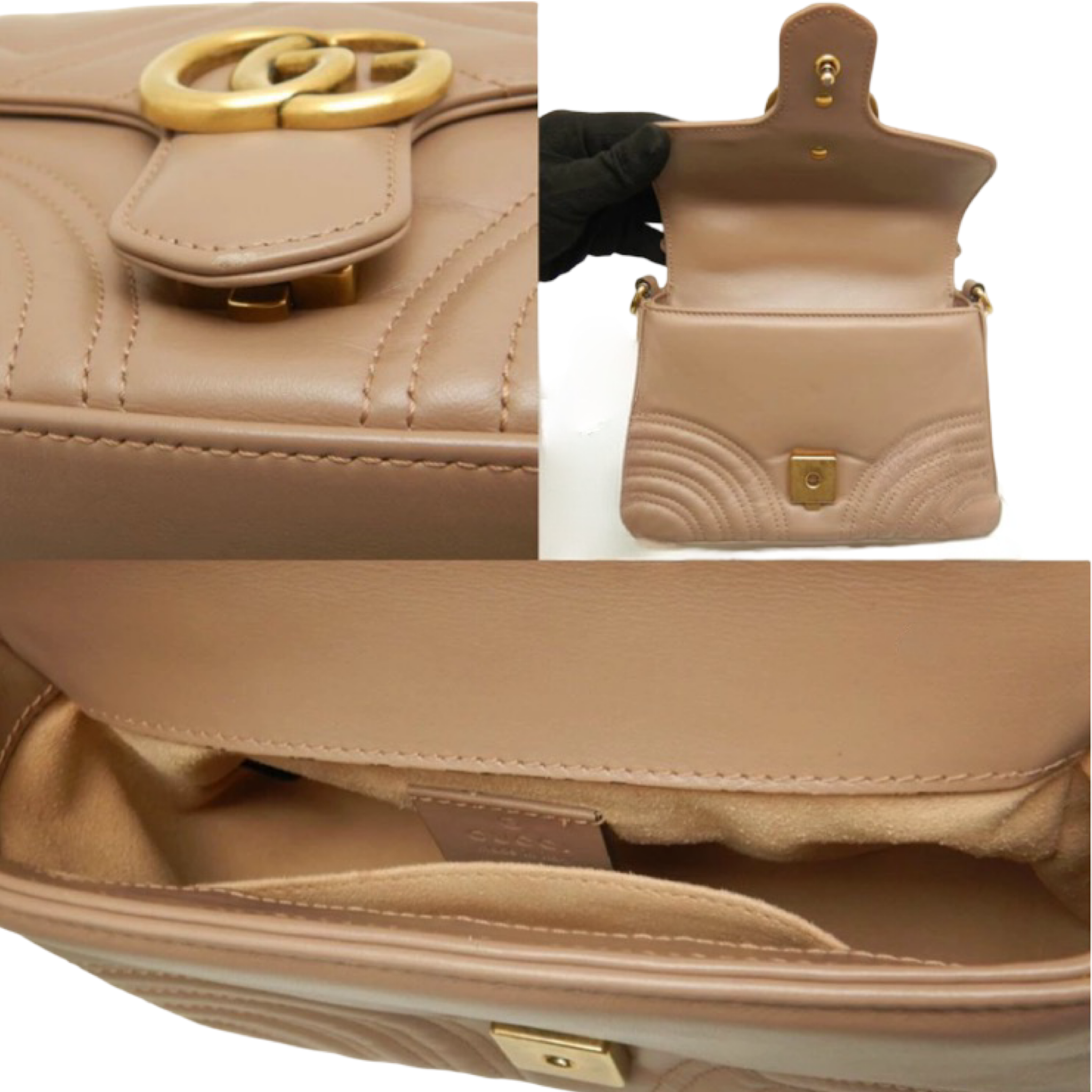 Gucci GG Marmont Mini Top Handle Bag Dusty Pink Leather Antique Gold Hardware Previously Owned Authentic