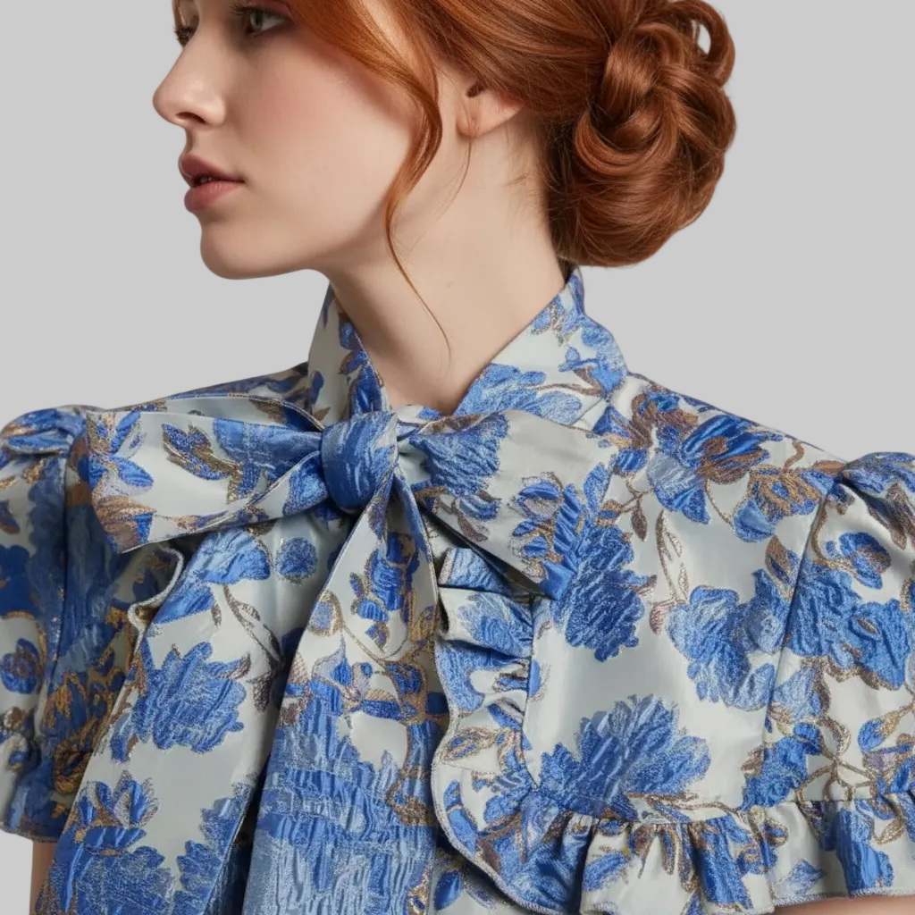 Blue Floral Embroidered Jacquard Midi Dress with Bow Tie Collar – Elegant Summer Occasion
